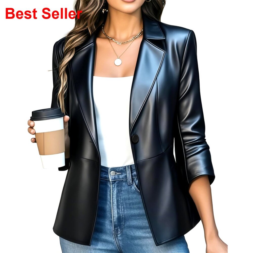 Faux Leather Blazer Slim Fit 3/4 Sleeve For Office Business Casual